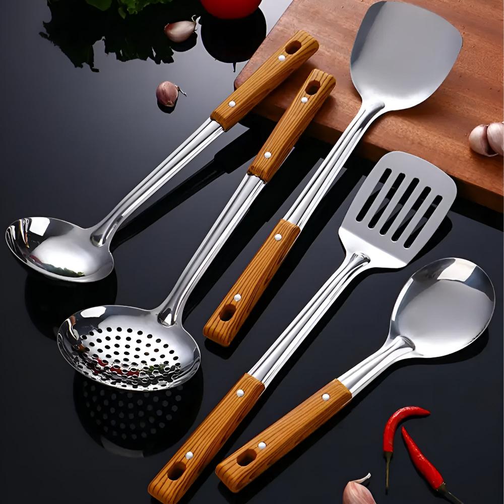Hommfer – Ensemble de Cuisine en Acier Inoxydable avec Poignées en Bois