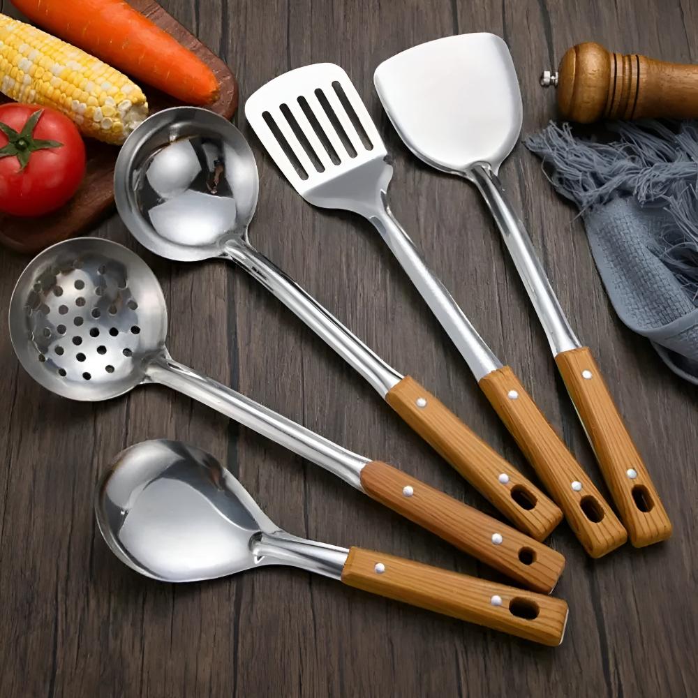 Hommfer – Ensemble de Cuisine en Acier Inoxydable avec Poignées en Bois