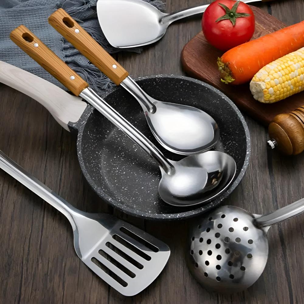 Hommfer – Ensemble de Cuisine en Acier Inoxydable avec Poignées en Bois