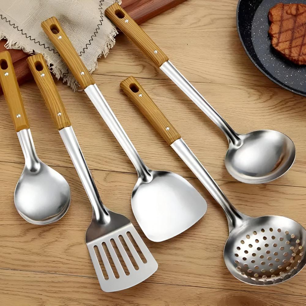Hommfer – Ensemble de Cuisine en Acier Inoxydable avec Poignées en Bois