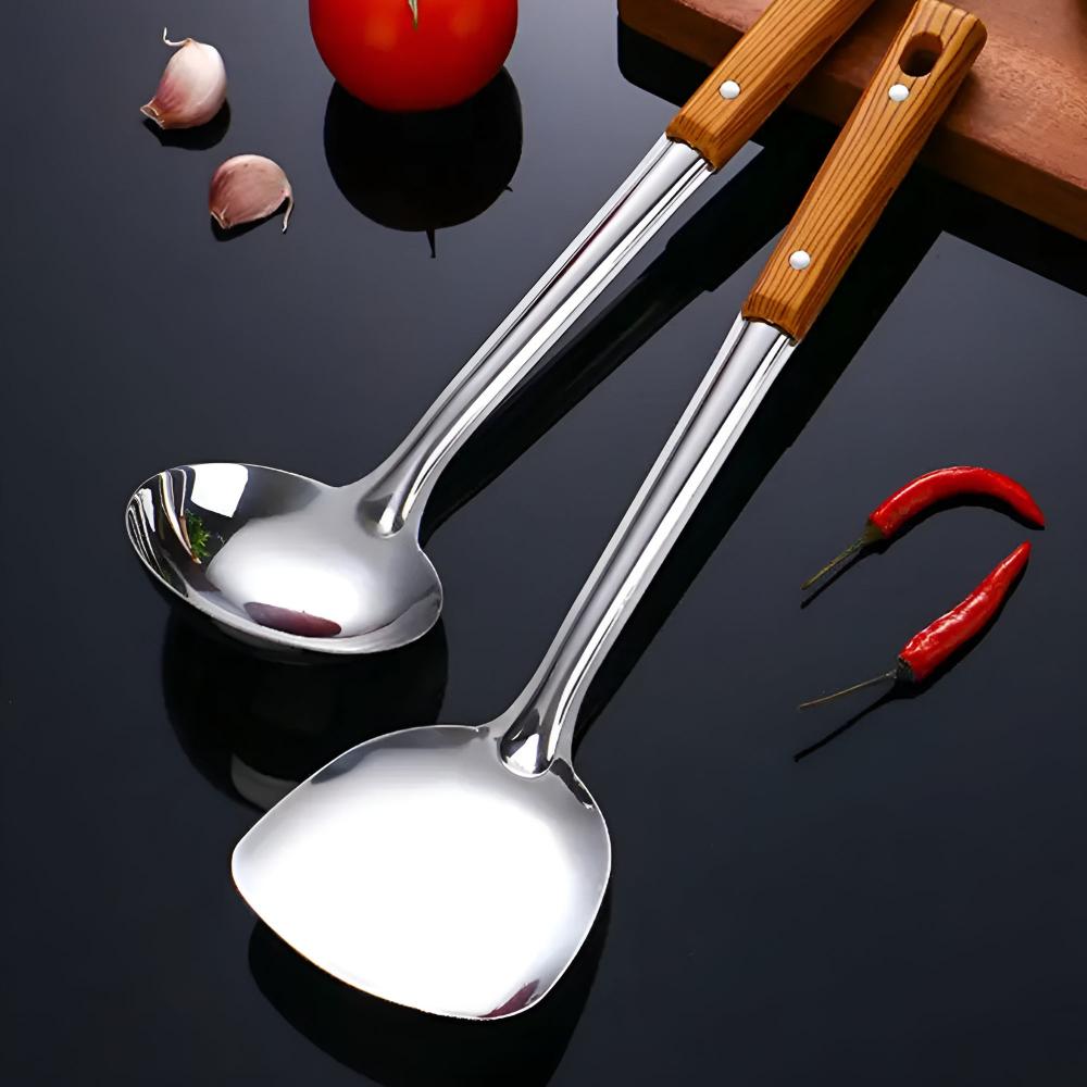 Hommfer – Ensemble de Cuisine en Acier Inoxydable avec Poignées en Bois